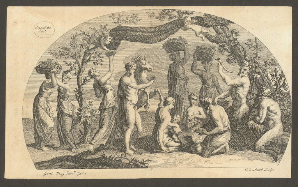 Satyrs & maenads or bacchants carrying baskets of grapes. Pyrgoteles 1751